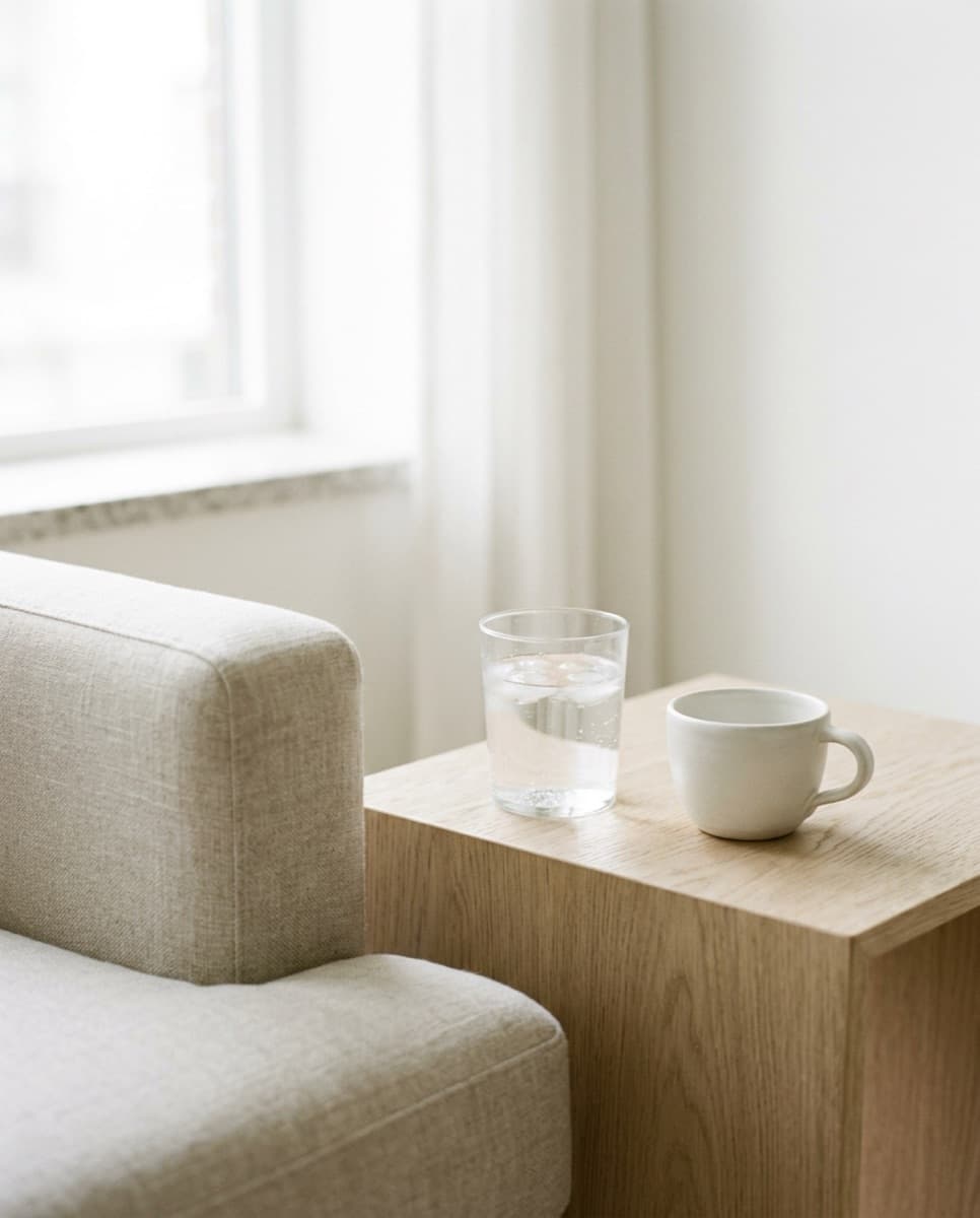 A glass of water and a cup on a side table.