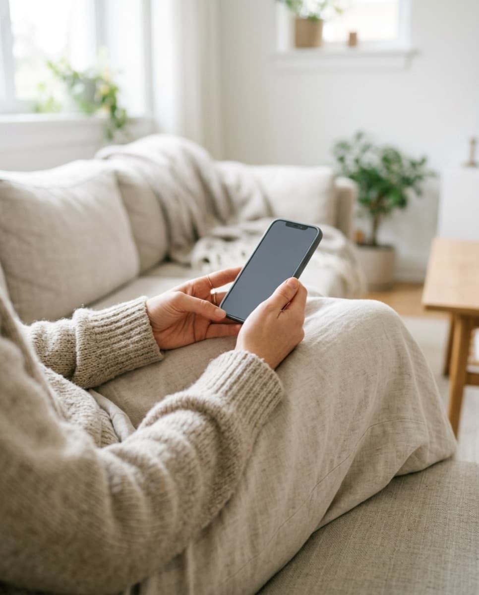Hands holding a phone on a sofa.