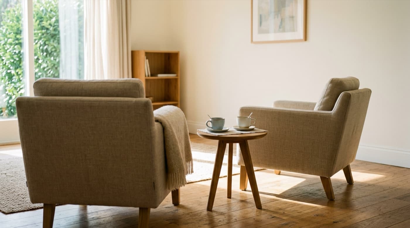 Two armchairs facing each other with cups on a small table.